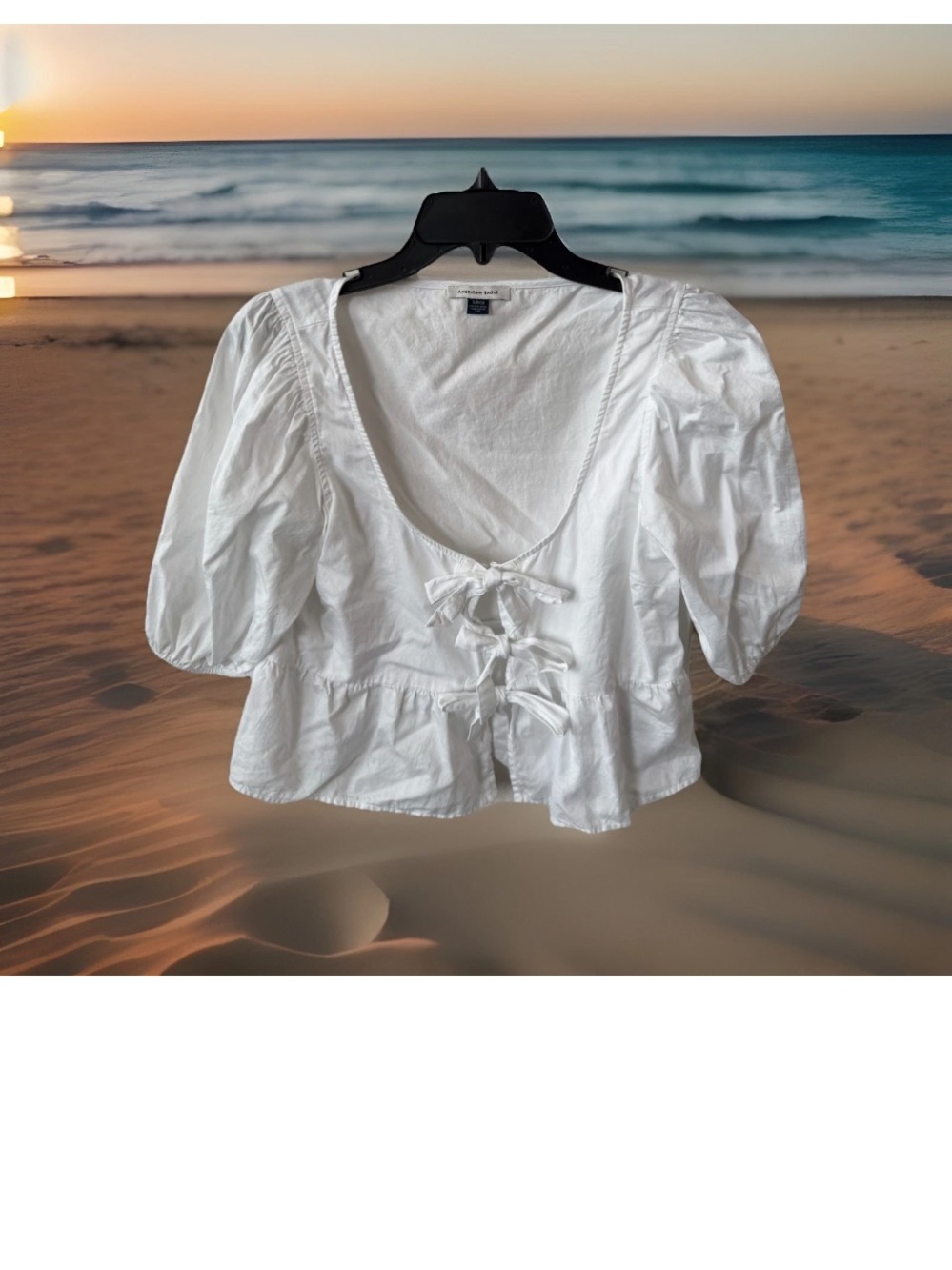 Coquette Cottagecore Coastal Peasant AEO White Tie Front Short Puff Sleeve Small